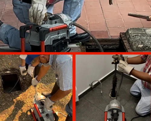 Imagen en el hero de Destapamax son tres fotos la primera que ocupa la parte superior es un profecional frente a un registro metiendo la los cables de la maquina rotosonda para destapar, la segunda imagen ocupa la mitad de la parte inferior y es dos profecionales manipulando la mauina rotozonda y el otro profecional manipulando las gias de asero, la tercera imagen esta del lado derecho en la parte inferior y muesta una gran cantidad de raices atrapada por el clable de acero de la rotosonda